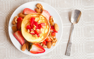 Pancakes strawberries nuts spoon fork - nuts free wallpaper