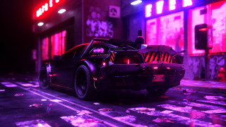 Neon car night street cyberpunk - synthwave style free wallpaper