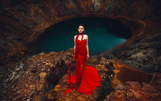 Woman red dress rock lake - a rock formation free wallpaper