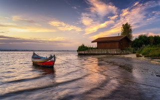 Lake dock boat sunset horizon - ferenc joachim free wallpaper