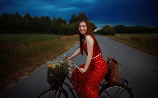 Woman red dress bicycle flower - a bike free wallpaper