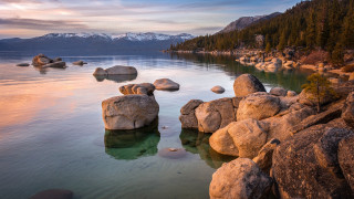 Lake rocks trees mountains snow - rock and trees free wallpaper