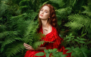 Woman red dress forest ferns - pre free wallpaper