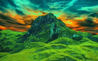 Mountain green field red sky - a red sky in the background free wallpaper