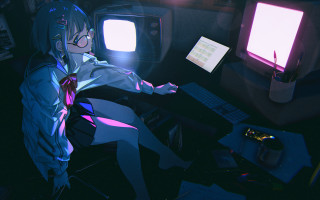 Cyberpunk anime girl sitting desk - anime visual free wallpaper