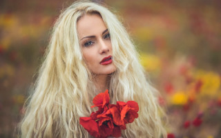 Blonde woman red flower portrait - a red flower free wallpaper