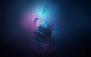 Floating blue purple light fish - biopunk free wallpaper
