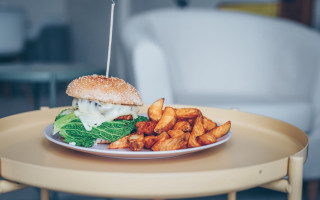Food sandwich fries table hyperrealism - a table in a room free wallpaper