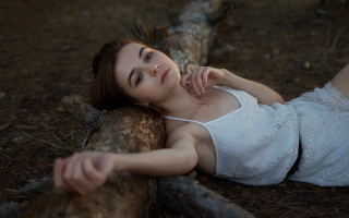 Woman lying on log woods - in the wood free wallpaper