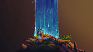 Tiger rock waterfall plant fantasy - a rock in front free wallpaper