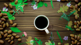 Coffee leaves nuts wooden table - nuts free wallpaper