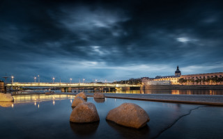 River bridge night clouds matte - the water and a bridge in the background free wallpaper