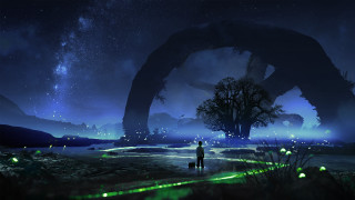 Man giant monster night field - a dog in front free wallpaper