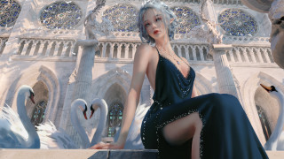 Woman black dress sitting swan - charlie bowater free wallpaper