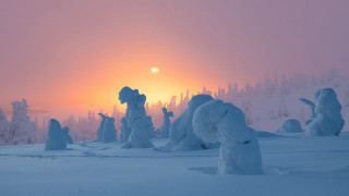 Sunset snowy landscape trees snowmen - bruno liljefors free wallpaper