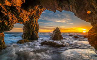 Sunset rocky beach waves cave - a sunset view free wallpaper