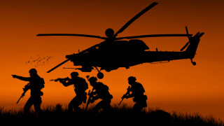 Soldiers helicopter sunset silhouette action - action scene free wallpaper