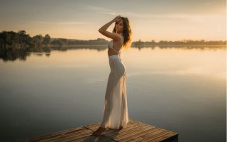 Woman white dress lake sunset - a dock free wallpaper for desktop