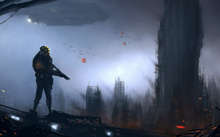 Futuristic city hill aliens birds - chris cold free wallpaper