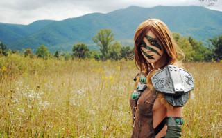 Woman helmet bodypaint field mountains - cosplay free wallpaper