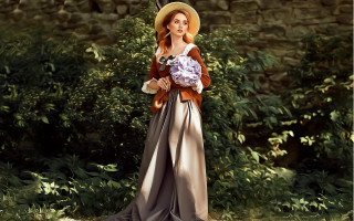 Woman dress hat flower brick - her hand and a brick wall behind her free wallpaper