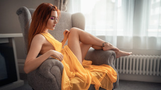 Woman yellow dress sitting chair - fashion photoshoot free wallpaper