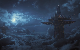 Futuristic cloud city night fullmoon - a futuristic city free wallpaper