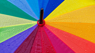 Rainbow umbrella water droplets macro - a black handle free wallpaper