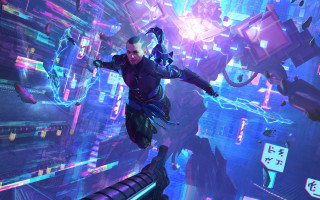 Futuristic man flying cyberpunk city - cyberpunk free wallpaper