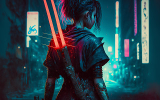 Woman neon lightsabers cyberpunk city - cyberpunk style free wallpaper