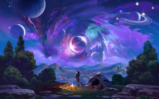 Space man tent starry sky - a campfire free wallpaper