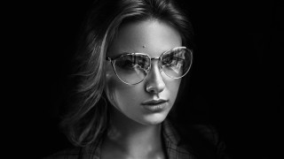 Woman glasses jacket blackandwhite portrait - glass free wallpaper for desktop