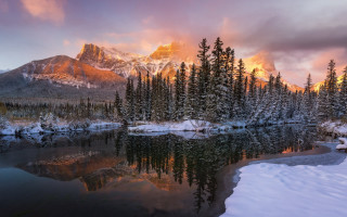Mountain lake snow trees sunset - covered free wallpaper