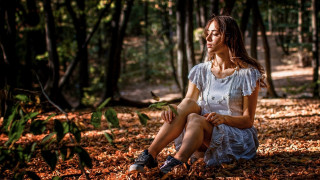 Woman sitting woods blurry background - free forest wallpaper