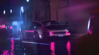 Wet street night car neon - retrowave free wallpaper