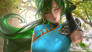 Green hair blue dress forest - a green hair free wallpaper