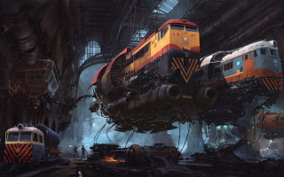 Flying train industrial building retrofuturism - industrial free wallpaper