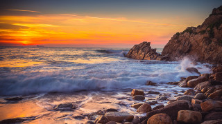 Rocky beach waves sunset orange - a rocky beach free wallpaper for desktop