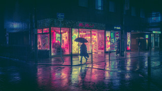 Rainy night umbrella cityscape neon - retrowave free wallpaper