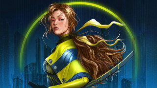 Woman yellow blue suit retrofuturism - a green circle free wallpaper for desktop