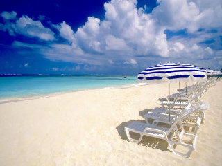 Beach white chairs umbrella blue - a row free wallpaper