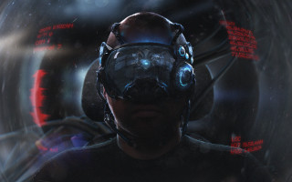 Futuristic man helmet goggles red - cyberpunk style free wallpaper