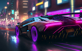 Futuristic car city night neon 3 - retrofuturism free wallpaper