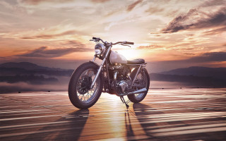 Motorcycle wooden floor sunset mountains - daren bader free wallpaper