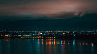 City skyline night lake reflection 2 - almada negreiro free wallpaper