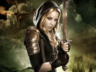 Woman hooded sword dark sky - outfit holding free wallpaper