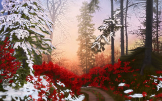Forest path red flowers snowy - ground free wallpaper