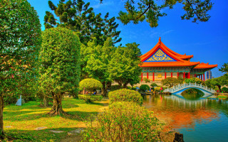 Autumn bridge building pond park - dong yuan free wallpaper