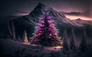 Christmas tree snow mountains purple - a christmas tree free wallpaper
