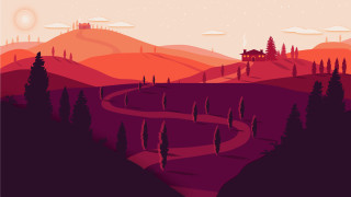 Hill house trees sunset illustration - a landscape free wallpaper